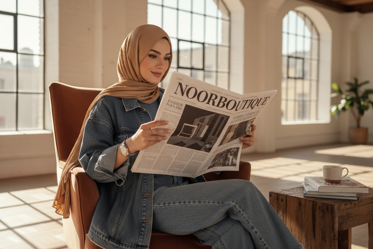 a stylish hijabi in a denim set reading a newspaper with my logo appearing on it